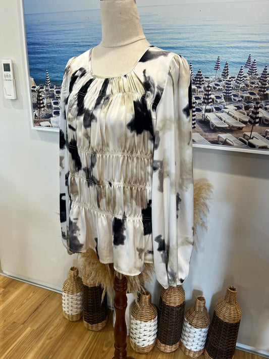 Et Alia Cream Beige & Grey Black Blouse | Women's XS | Elasticated Panel Detail