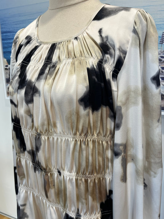 Et Alia Cream Beige & Grey Black Blouse | Women's XS | Elasticated Panel Detail