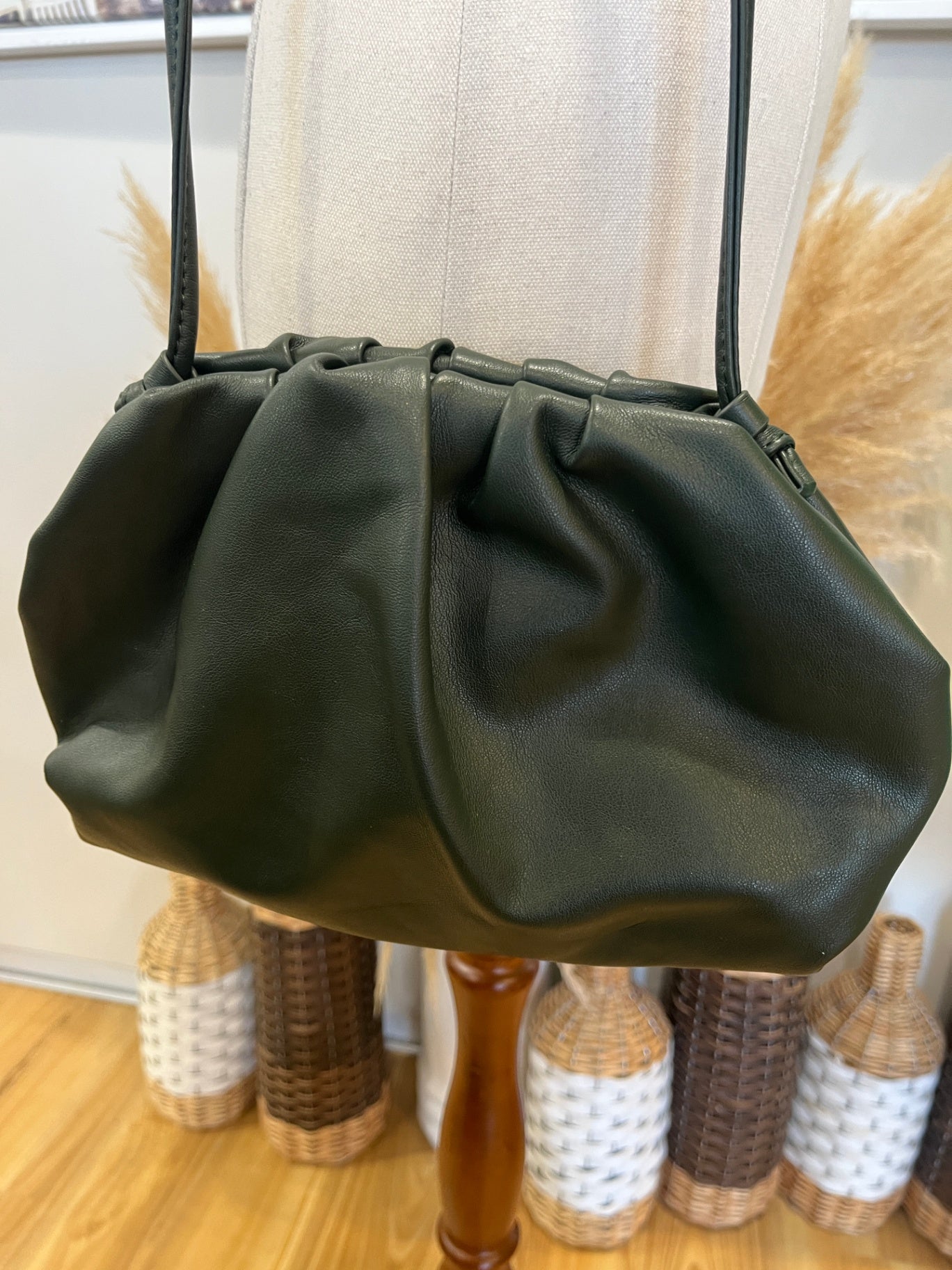 Stylish Dark Green Shoulder Bag | Long Strap | Gathered Sides | Snap Closure
