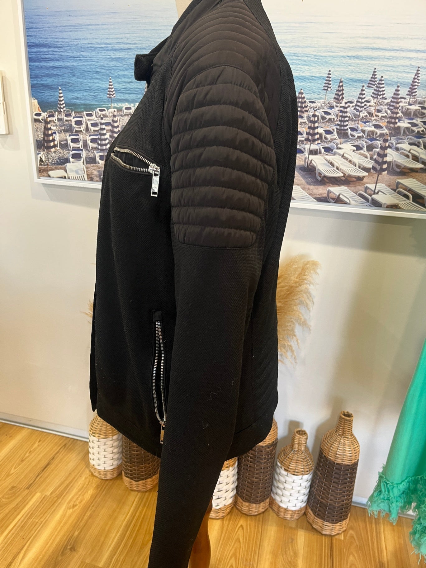 Edgy ZARA Black Biker Bomber Jacket | Medium | Fully Lined | Padded Shoulders