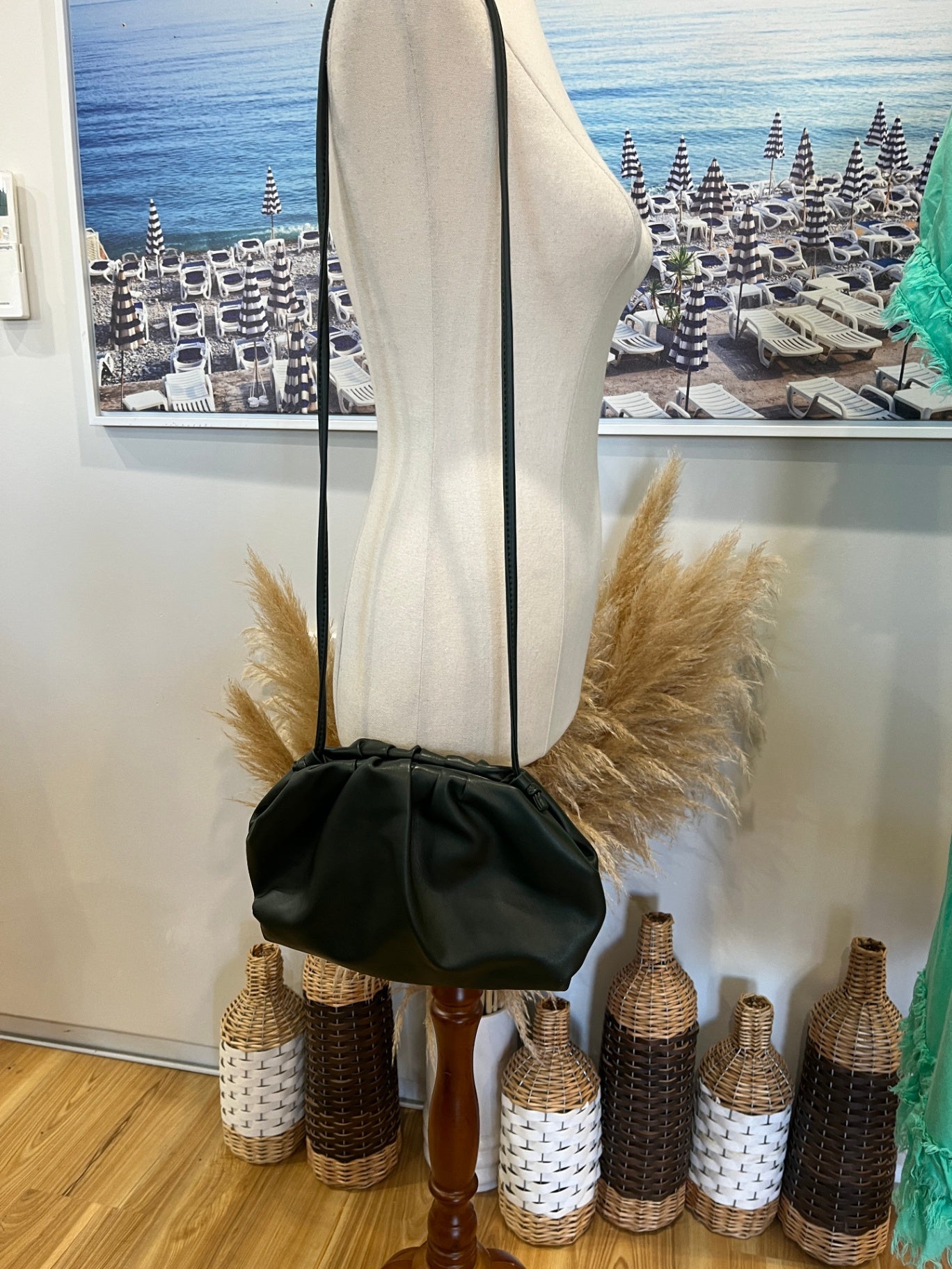 Stylish Dark Green Shoulder Bag | Long Strap | Gathered Sides | Snap Closure
