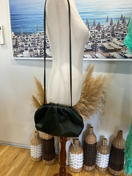 Stylish Dark Green Shoulder Bag | Long Strap | Gathered Sides | Snap Closure