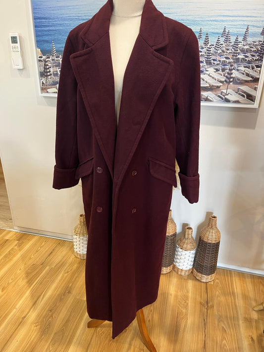 Virgo Wine Longline 100% Wool Coat – Size 8