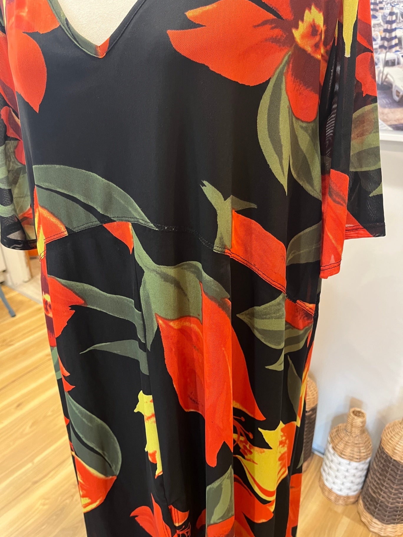Taking Shape Black Dress | Large | Bold Red Floral Print