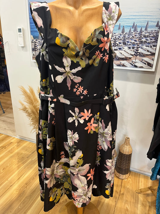 City Chic Black Floral Dress | Large | Knee Length | Belted