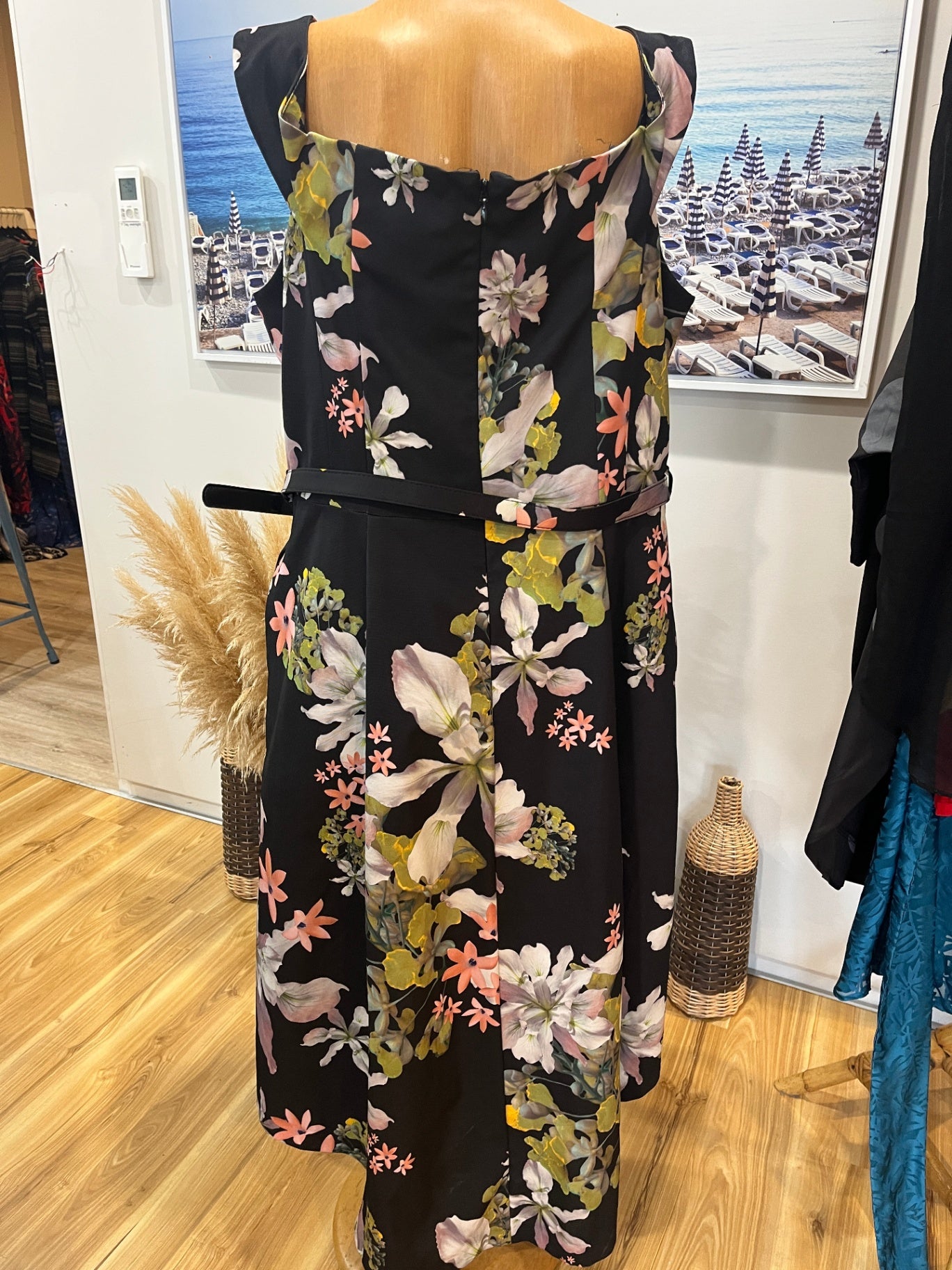 City Chic Black Floral Dress | Large | Knee Length | Belted