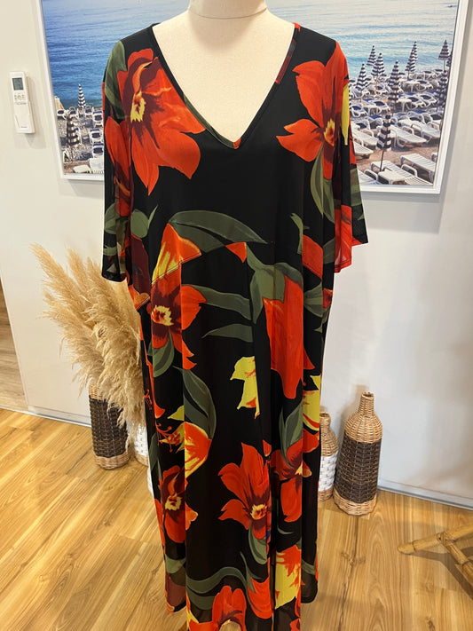 Taking Shape Black Dress | Large | Bold Red Floral Print