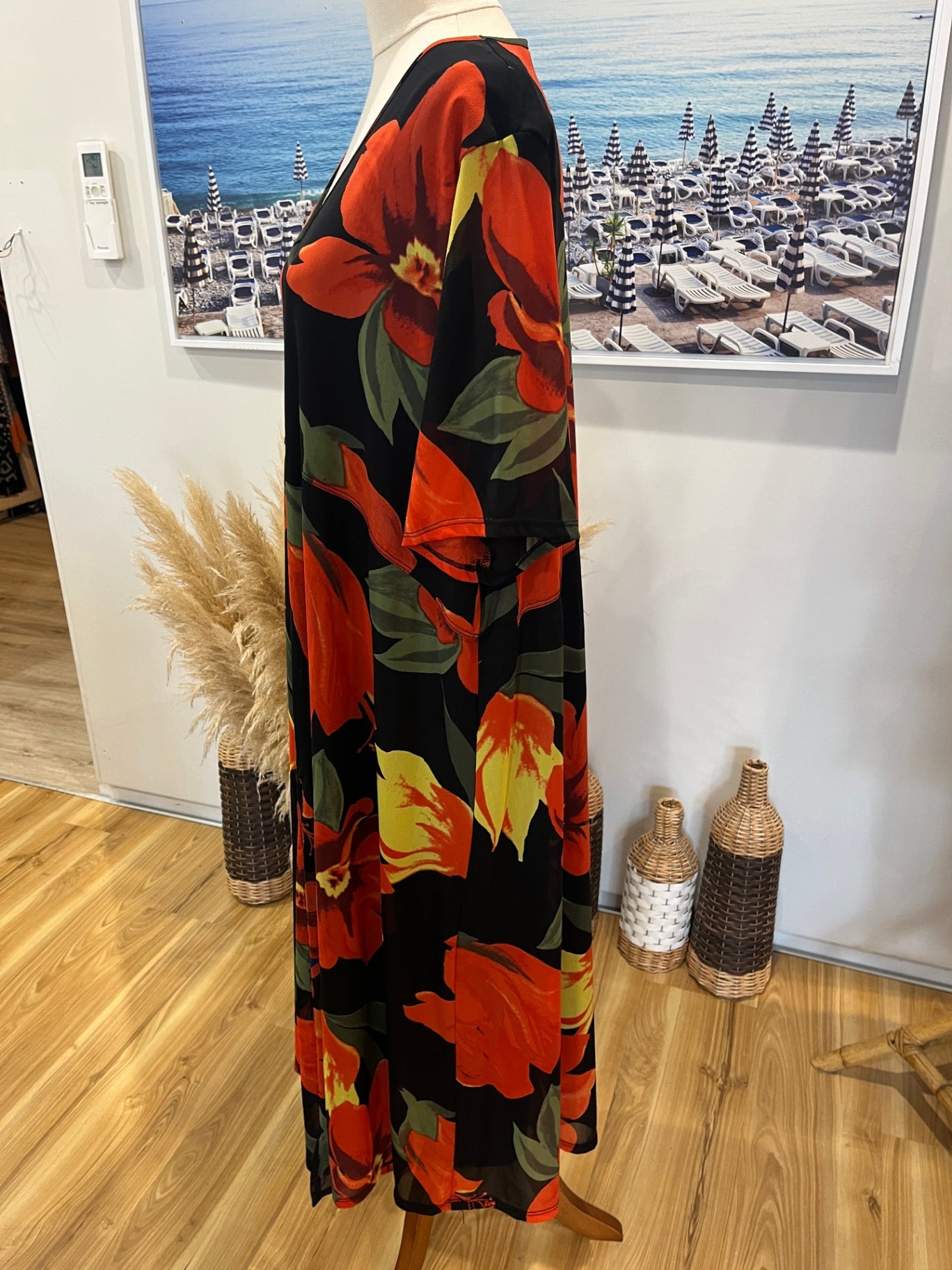 Taking Shape Black Dress | Large | Bold Red Floral Print
