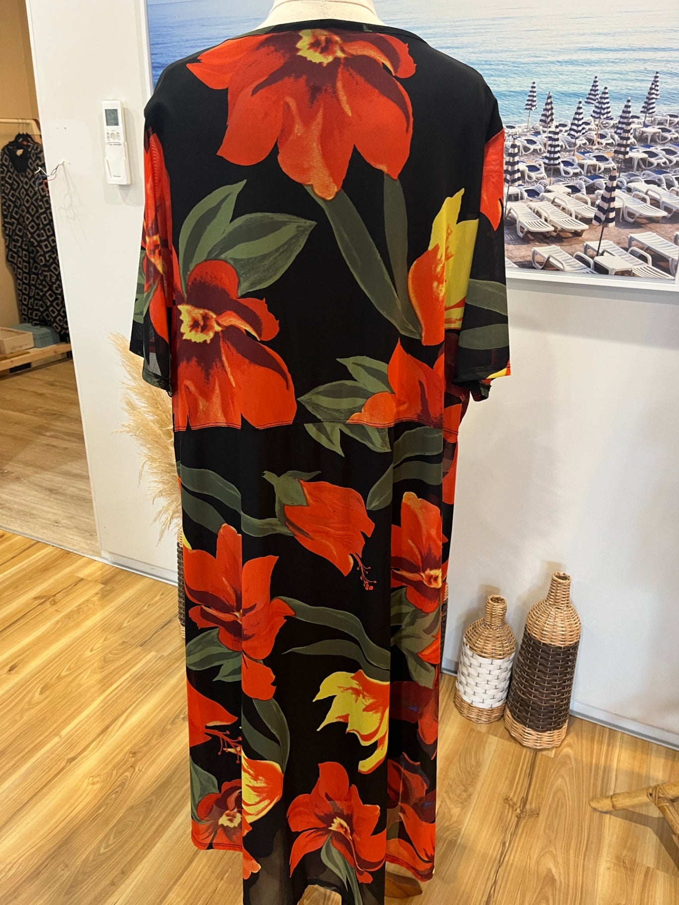 Taking Shape Black Dress | Large | Bold Red Floral Print
