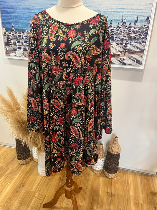Black Paisley Knee-Length Dress Size XL – Long Sleeve