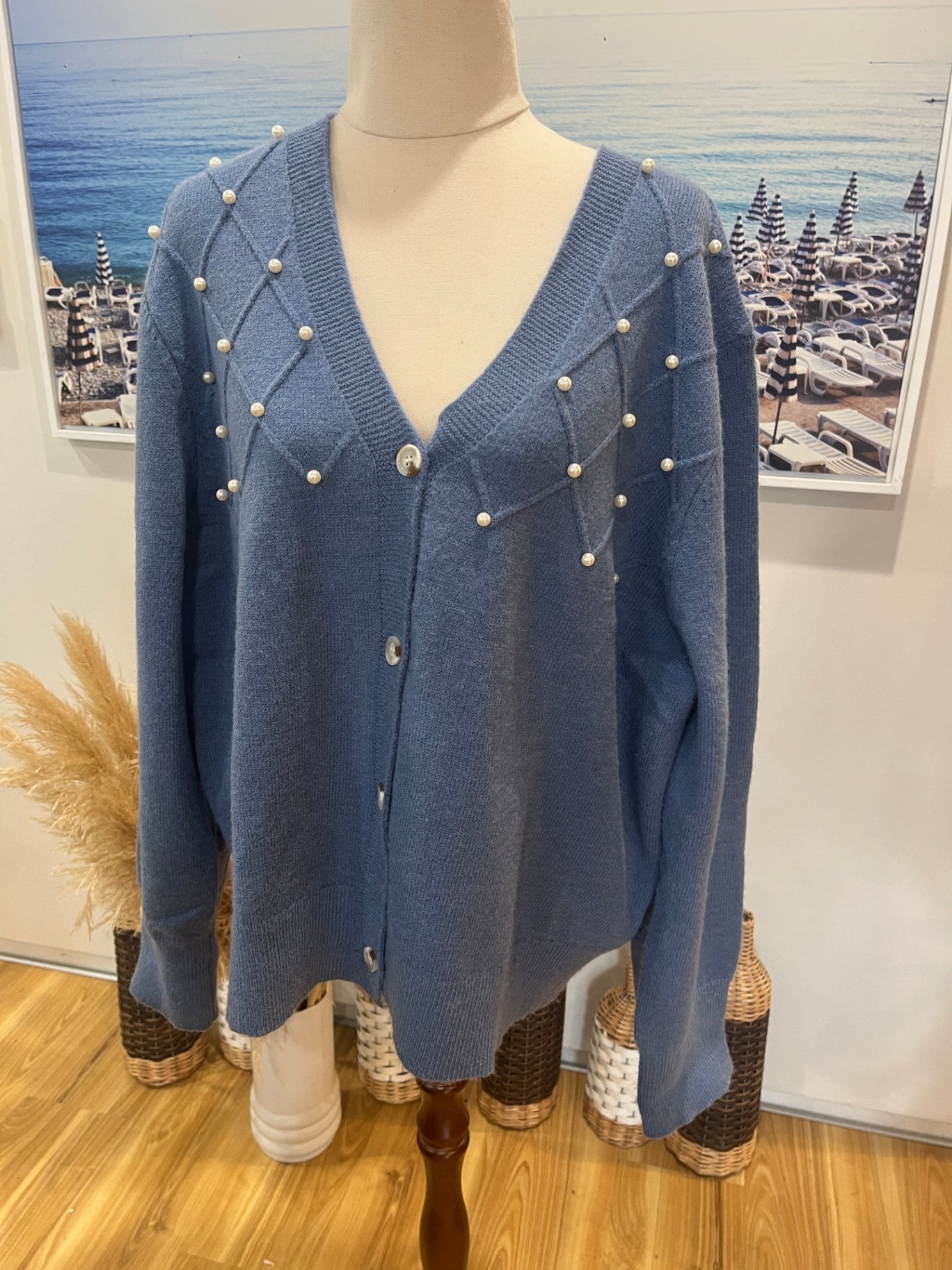 Blue Button-Up Cardigan XXL – Soft Knit with Pearl Detail