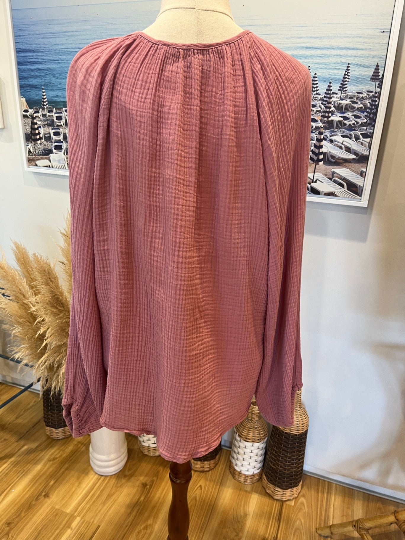 DECJUBA Pink Waffle Crinkle Top Size L – Relaxed Boho Fit