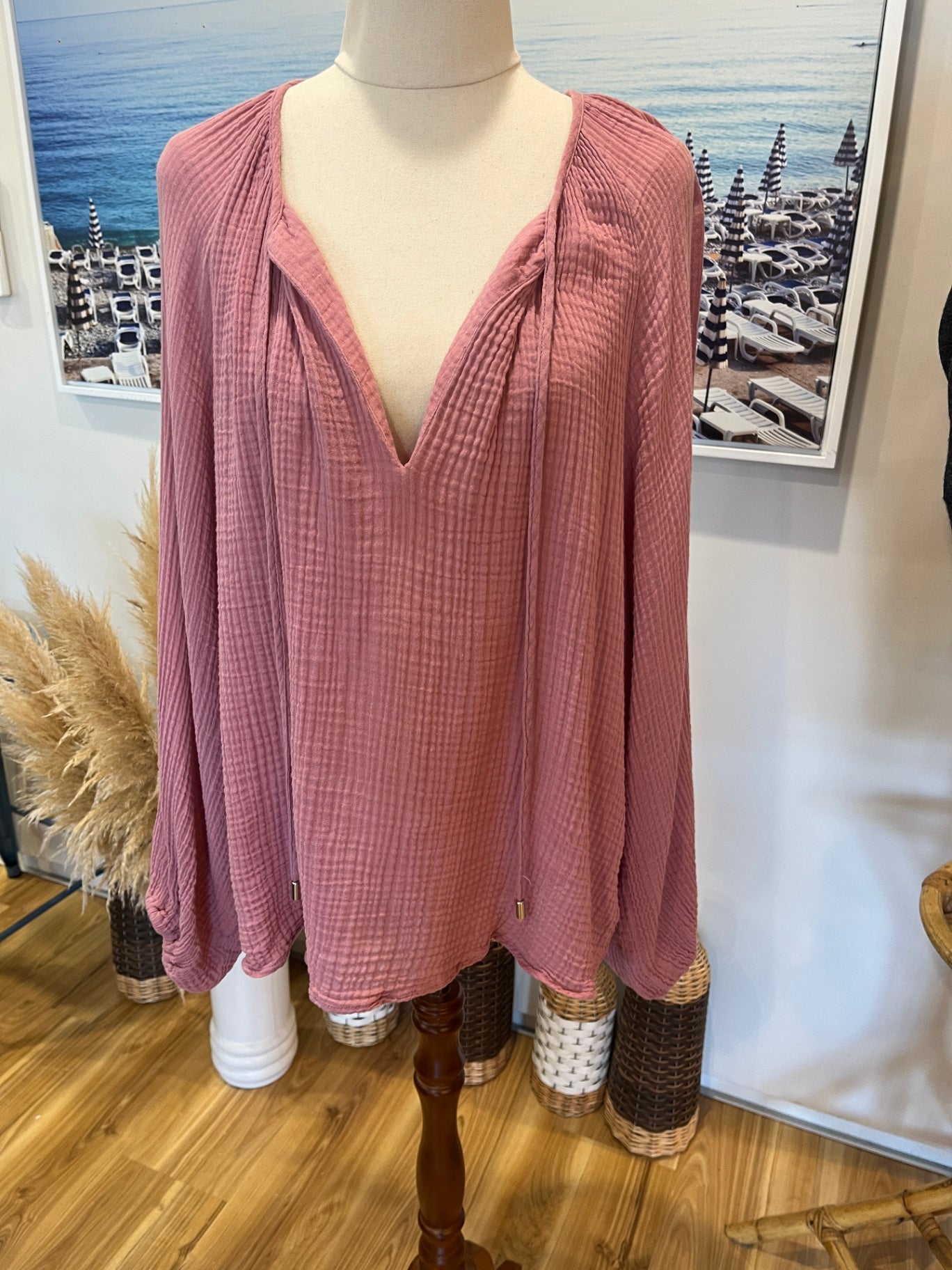 DECJUBA Pink Waffle Crinkle Top Size L – Relaxed Boho Fit