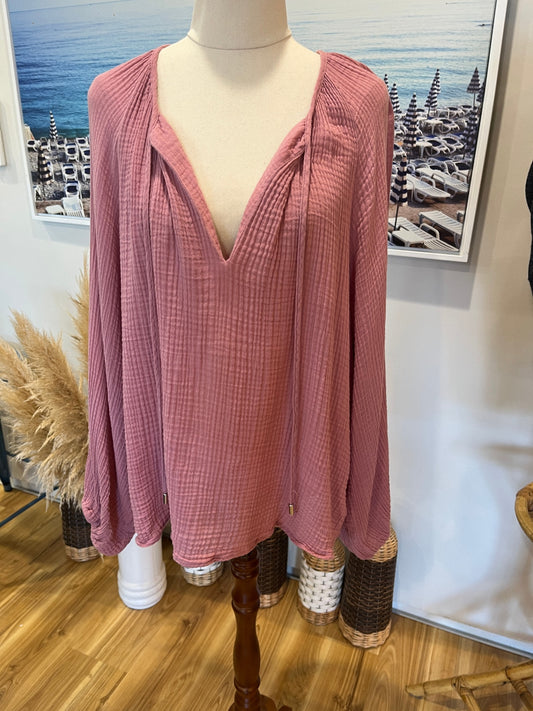 DECJUBA Pink Waffle Crinkle Top Size L – Relaxed Boho Fit