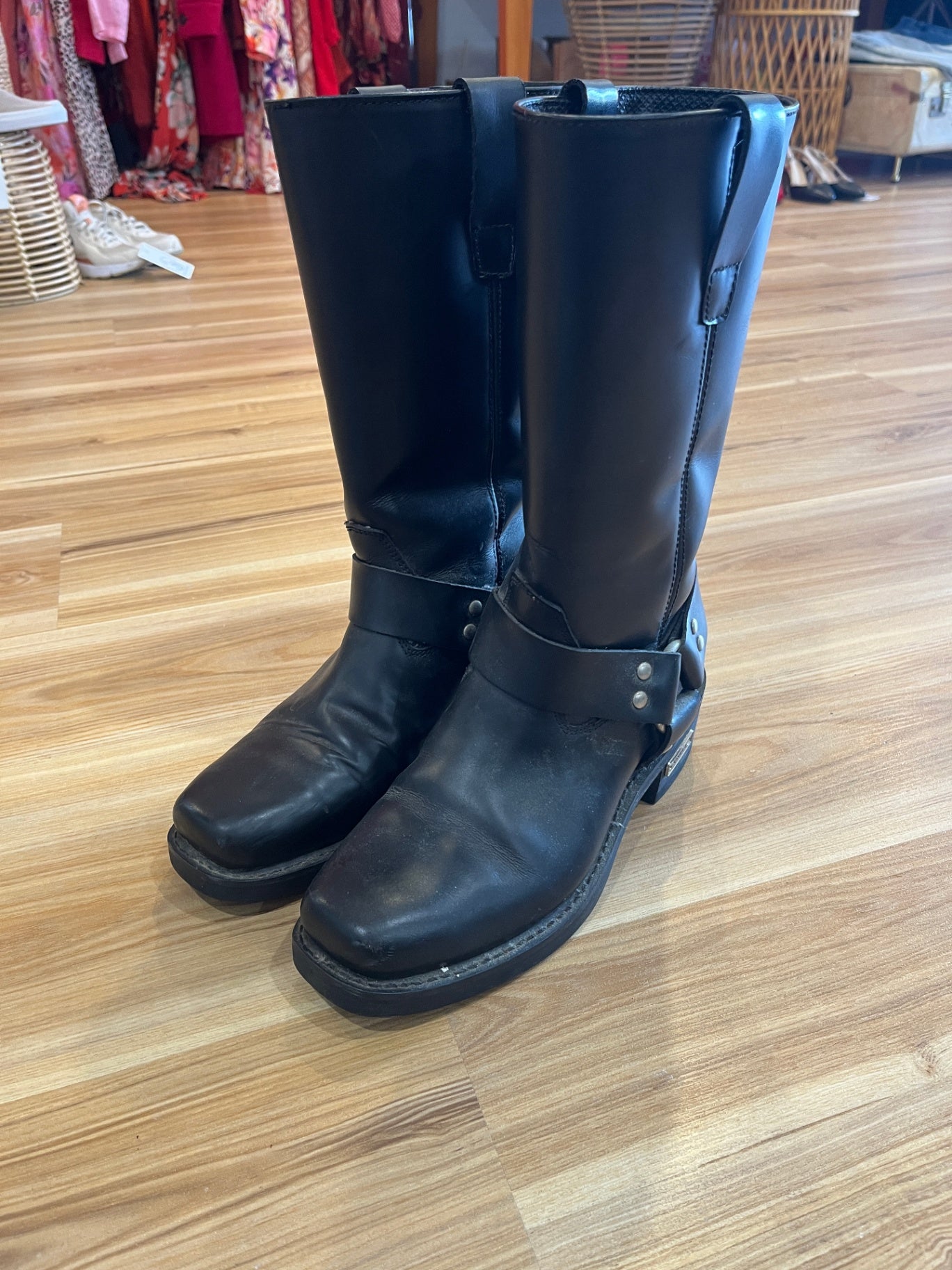CNELL Black Leather Biker Boots US 9 Pull-On Motorcycle Style