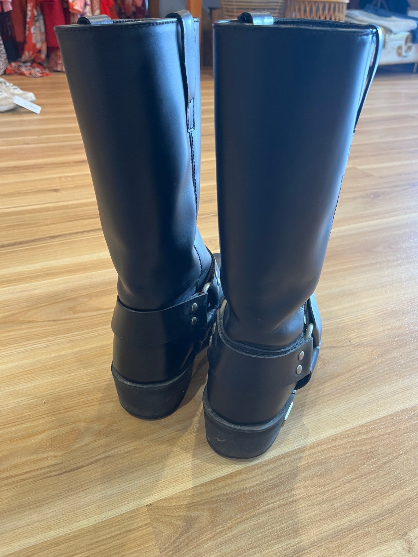 CNELL Black Leather Biker Boots US 9 Pull-On Motorcycle Style