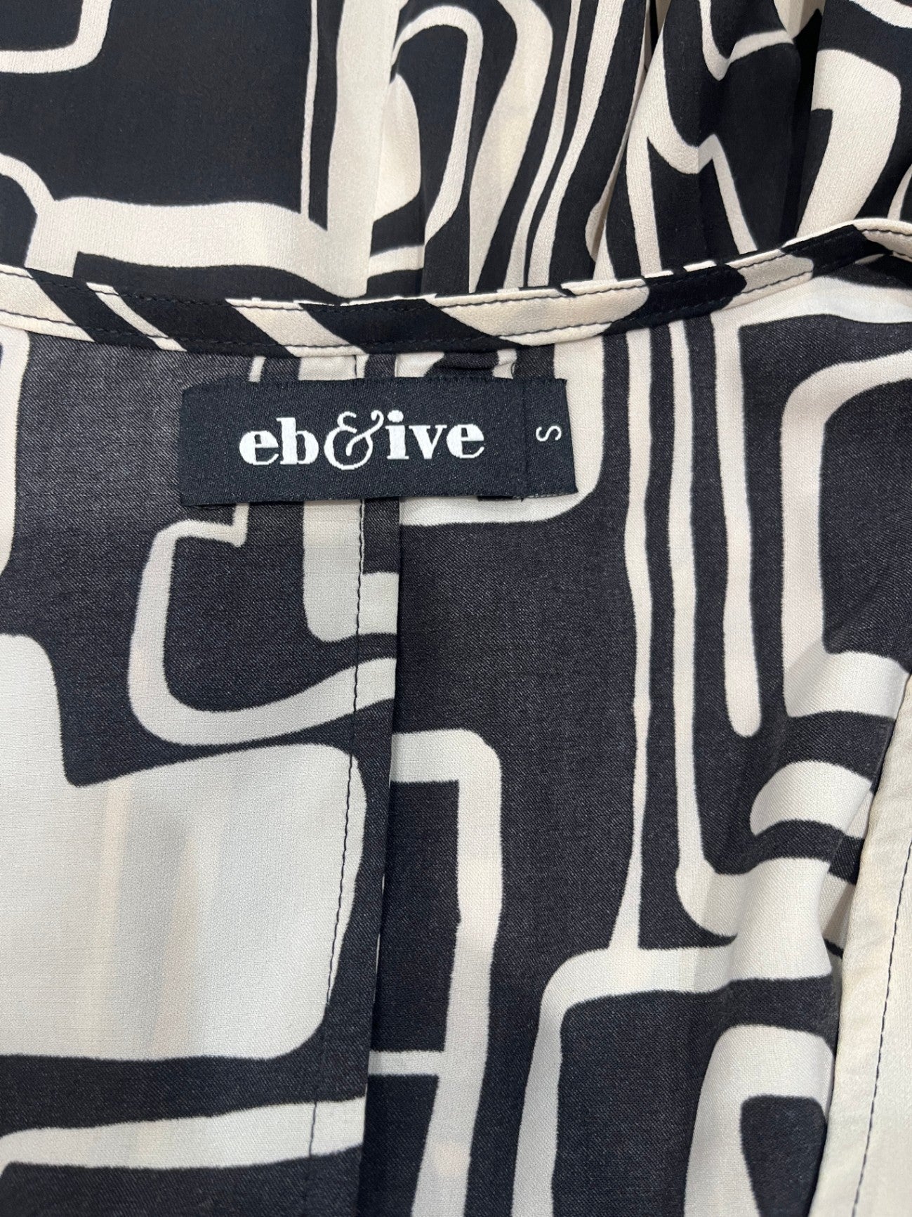 eb&ive Black & Cream Geometric Print Blouse Size S | Elasticated Cuff Sleeves