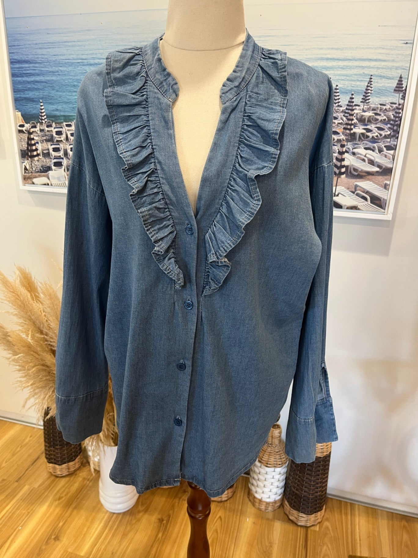 Suzy D London Blue Chambray Frill Detail Button-Up Shirt Size M