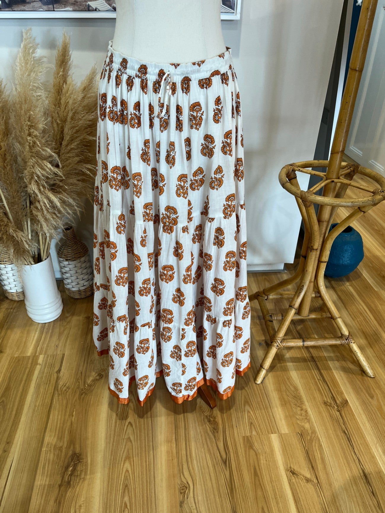 Cream & Orange Paisley Boho Tiered Skirt Size M | Elasticated Waist
