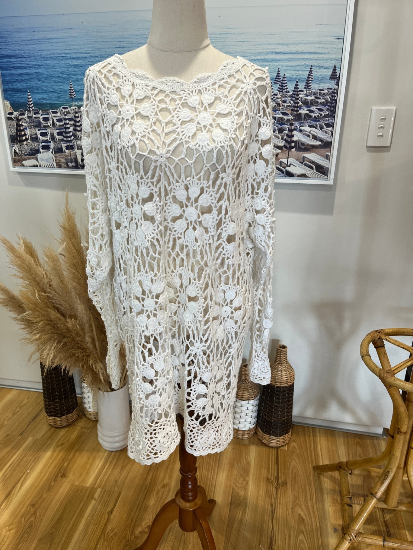 Cream Crochet Long Sleeve Dress Size L