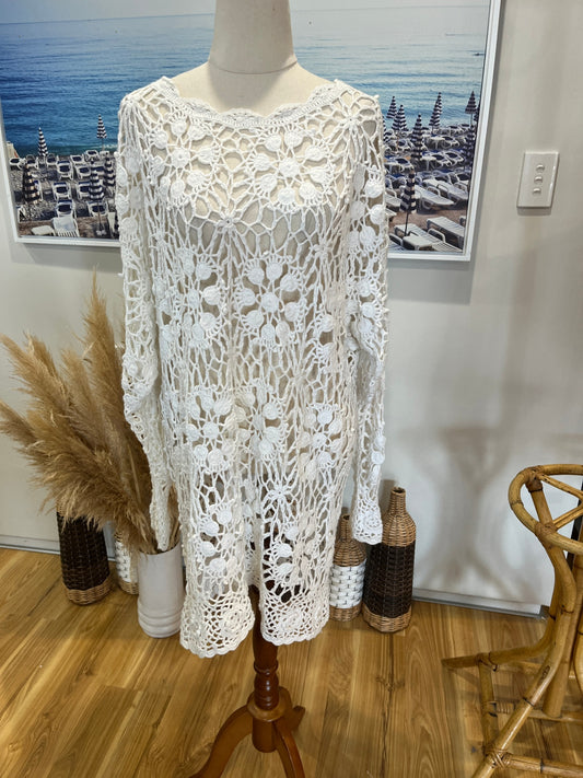 Cream Crochet Long Sleeve Dress Size L