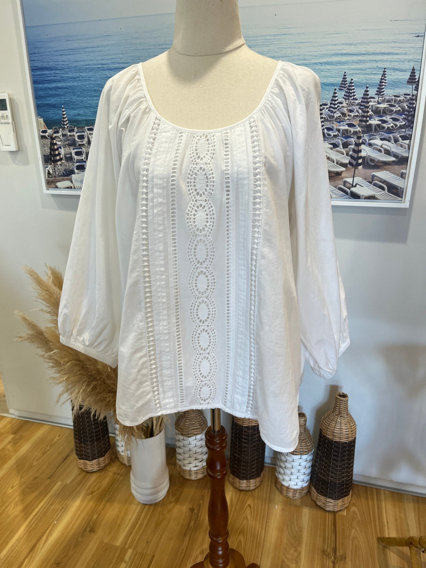 Whistle White Broderie Boho Blouse Size 14 | Elasticated Cuff Sleeves