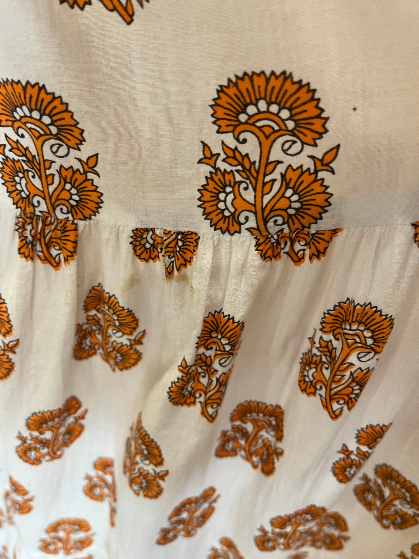 Cream & Orange Paisley Boho Tiered Skirt Size M | Elasticated Waist