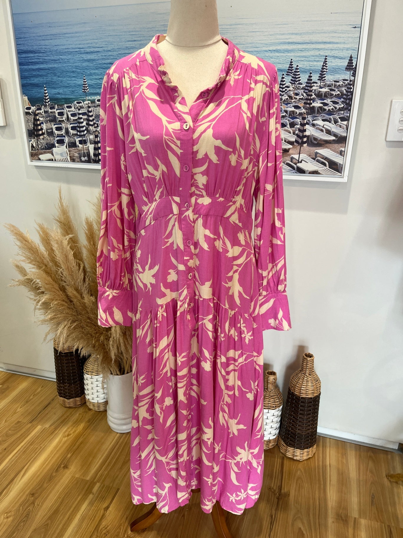 WHITE | CLOSSET Pink & Cream Tiered Dress — Long Sleeve Button-Up, Size 12