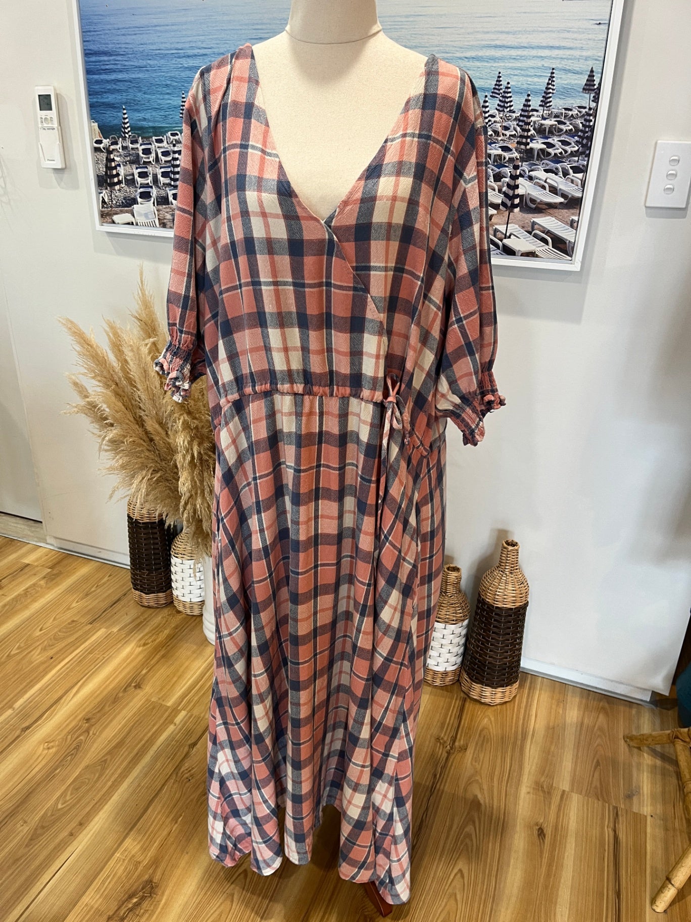 Spirit Plaid Dress — Short Sleeve V-Neck Tie Waist, Size 18