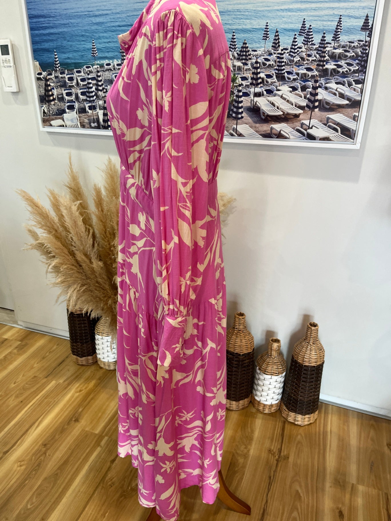 WHITE | CLOSSET Pink & Cream Tiered Dress — Long Sleeve Button-Up, Size 12