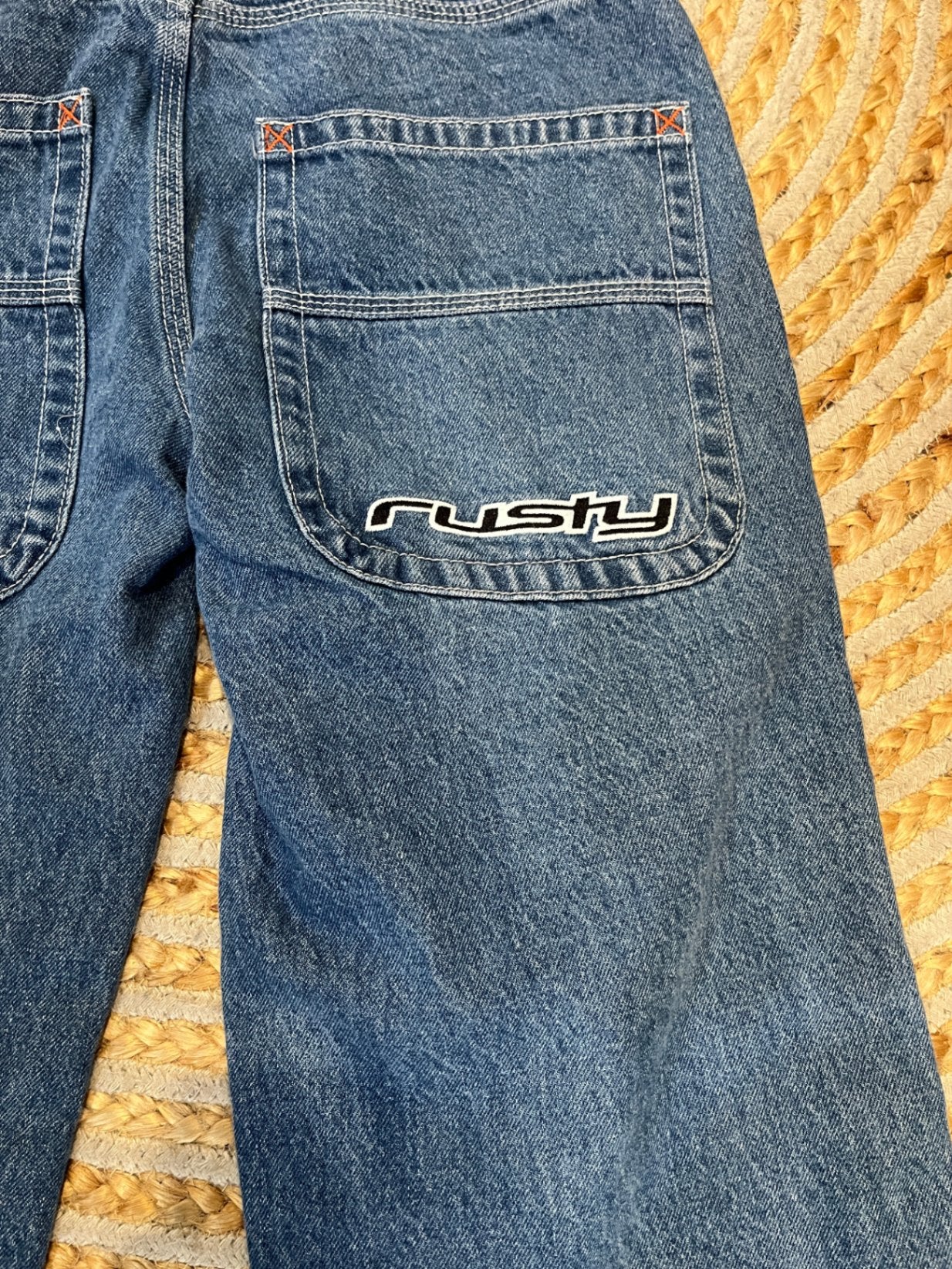 Rusty Wide Leg Jeans — Mid Blue with Orange & White Piping, Size 6