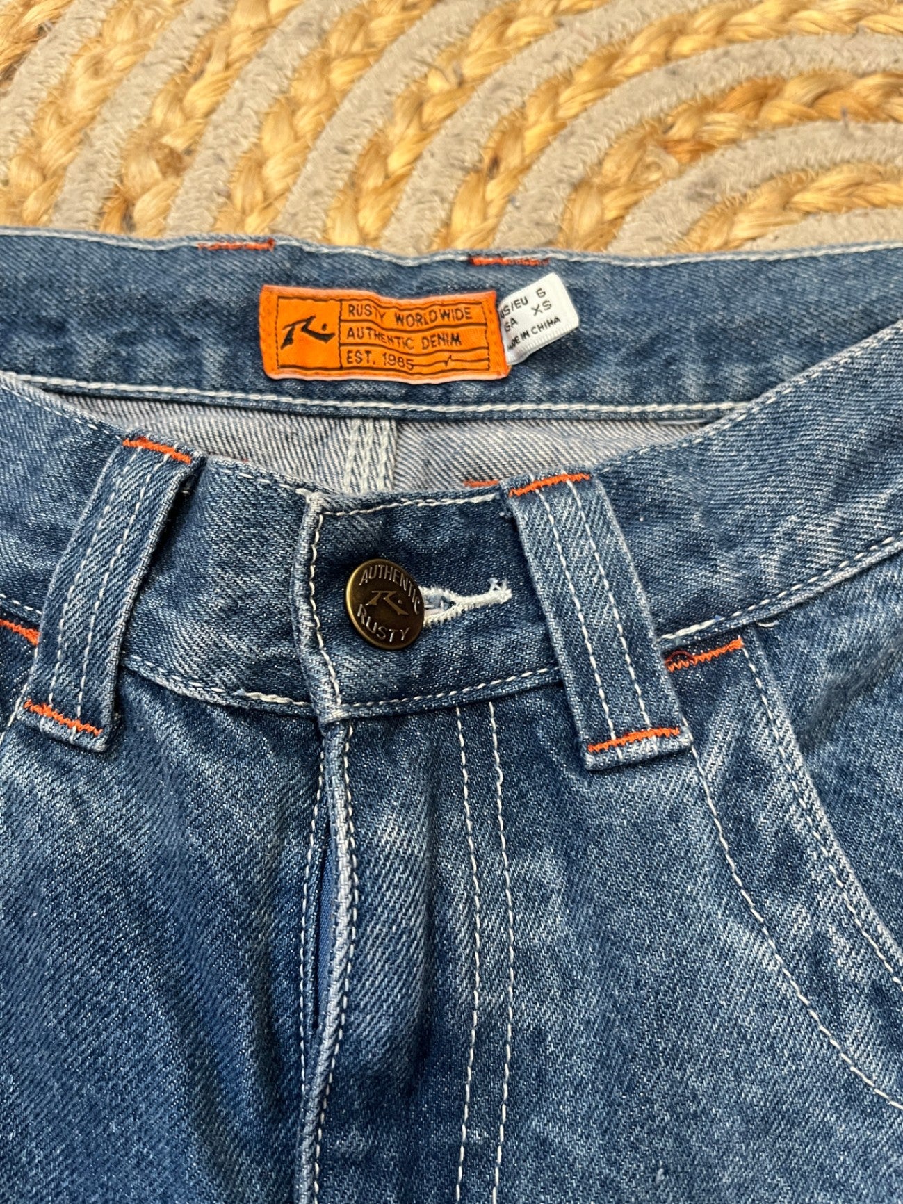 Rusty Wide Leg Jeans — Mid Blue with Orange & White Piping, Size 6