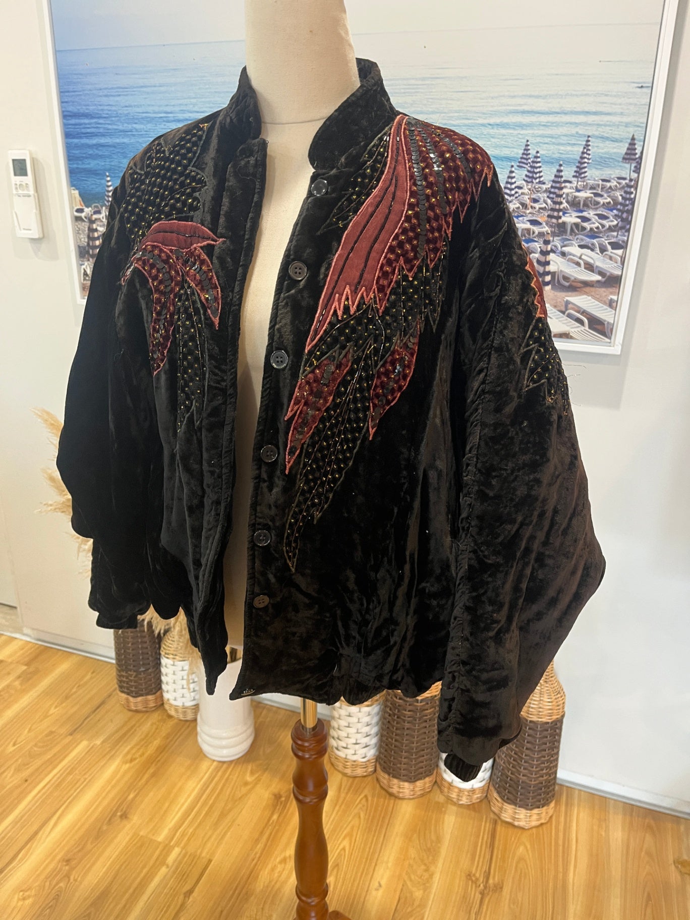 Orientique Sydney Velvet Bomber Jacket — Embroidered Batwing Style Size M
