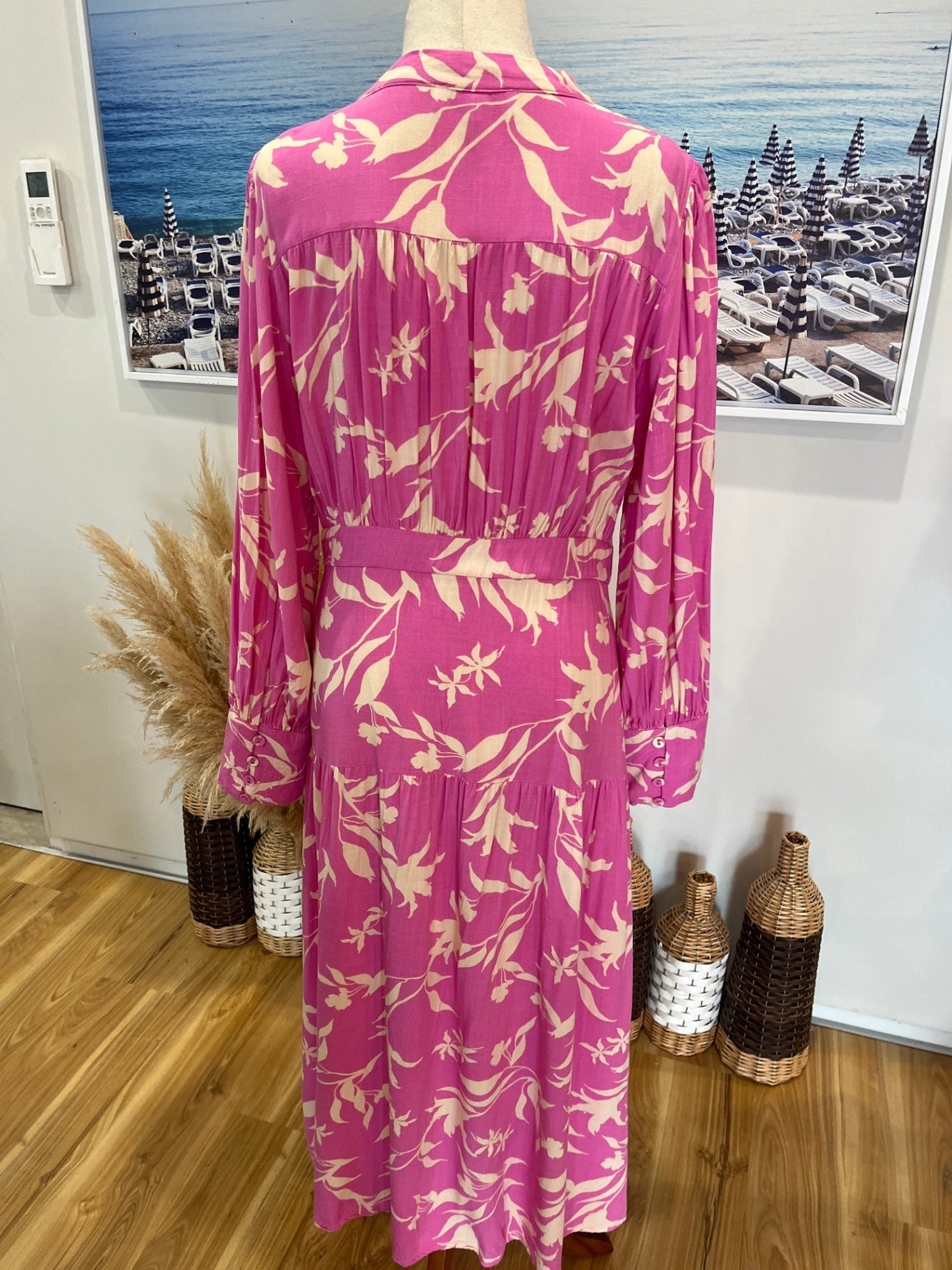 WHITE | CLOSSET Pink & Cream Tiered Dress — Long Sleeve Button-Up, Size 12