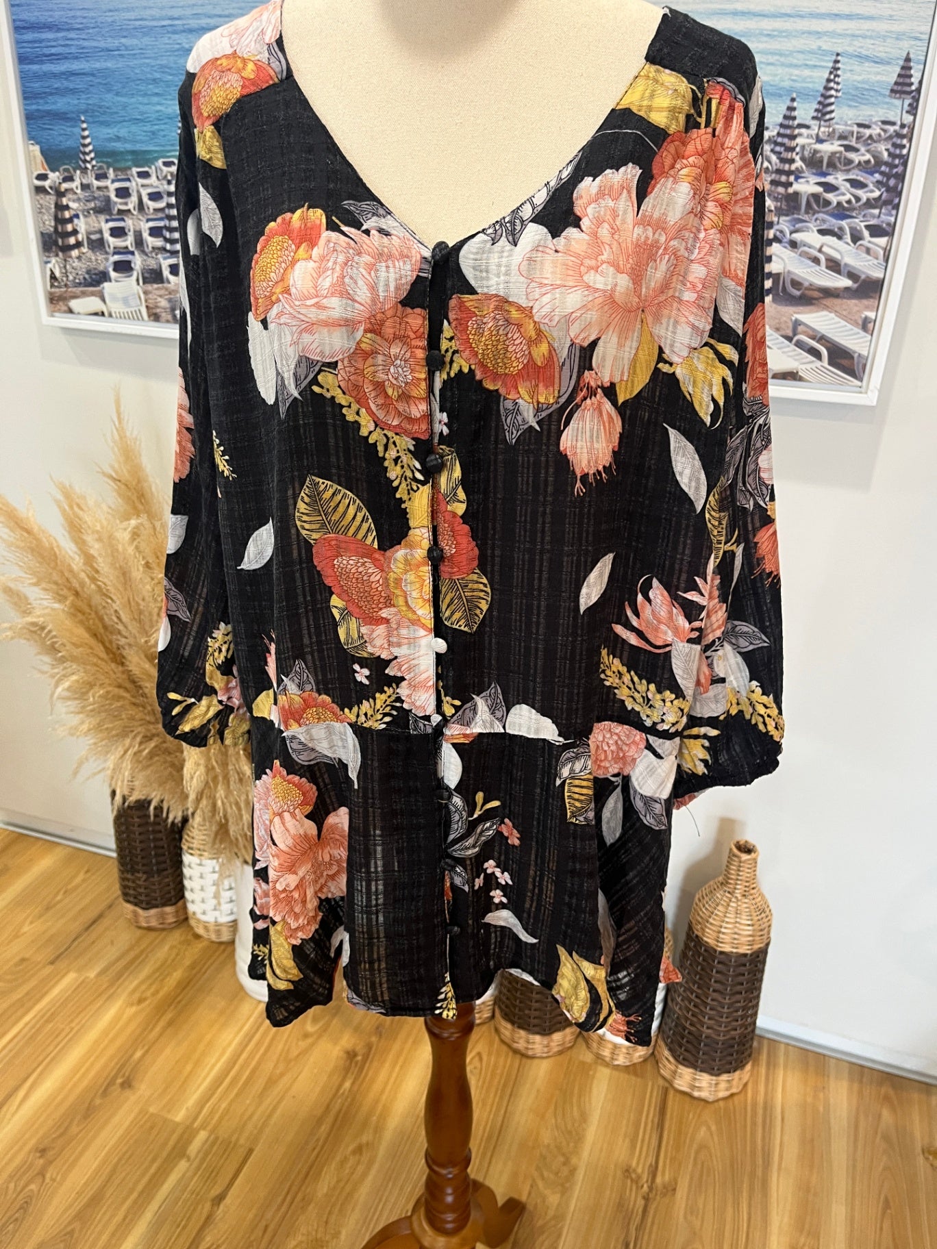 Autograph Floral Top — Flowy Black 3/4 Sleeve, Size 20