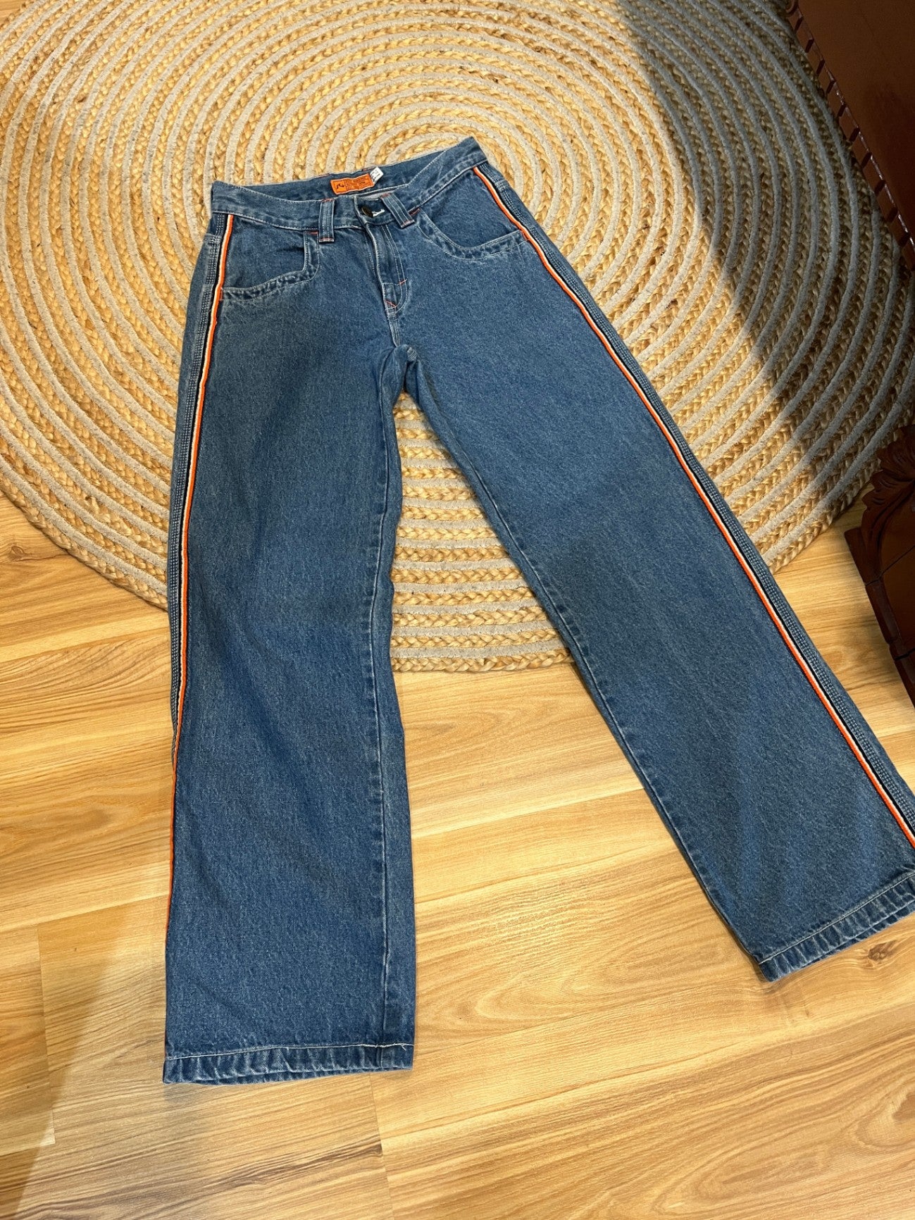 Rusty Wide Leg Jeans — Mid Blue with Orange & White Piping, Size 6