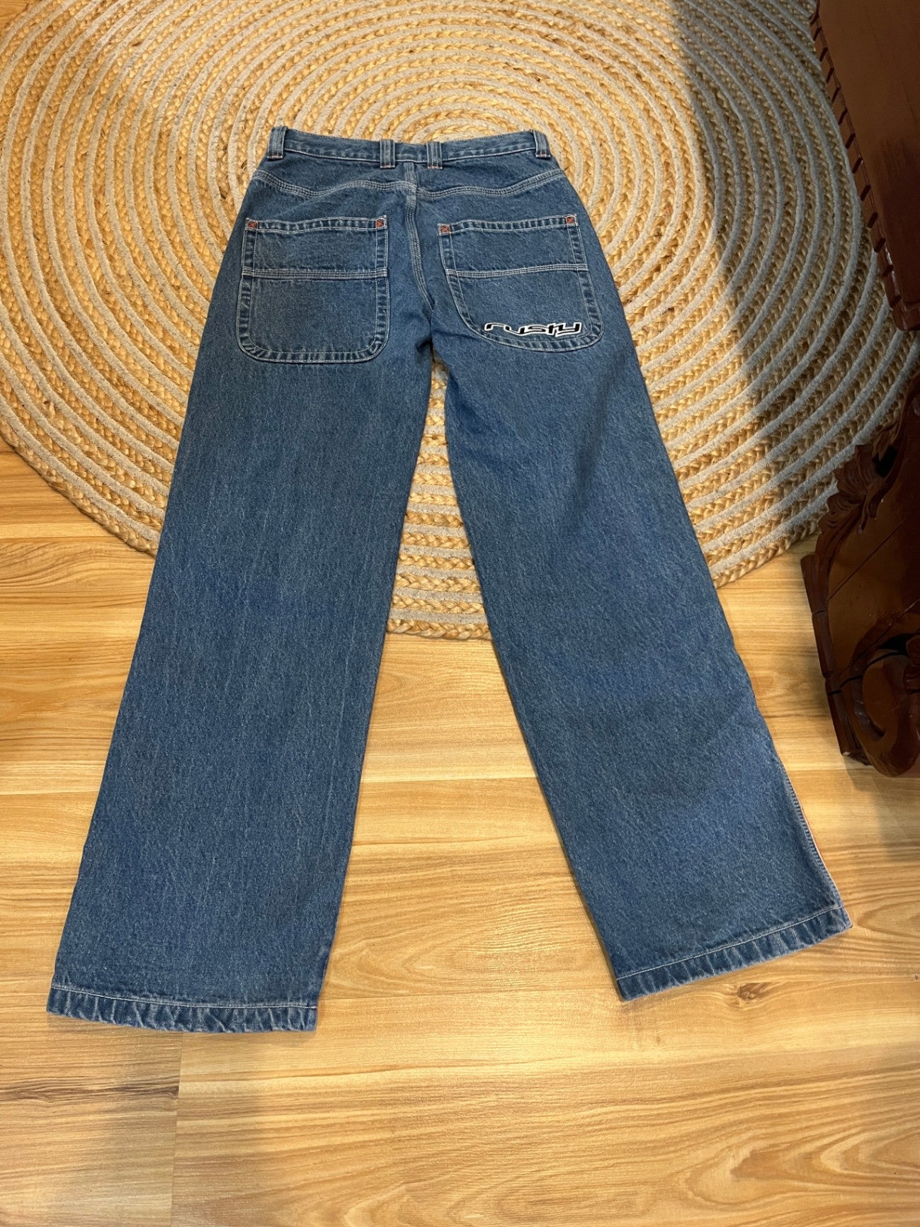 Rusty Wide Leg Jeans — Mid Blue with Orange & White Piping, Size 6
