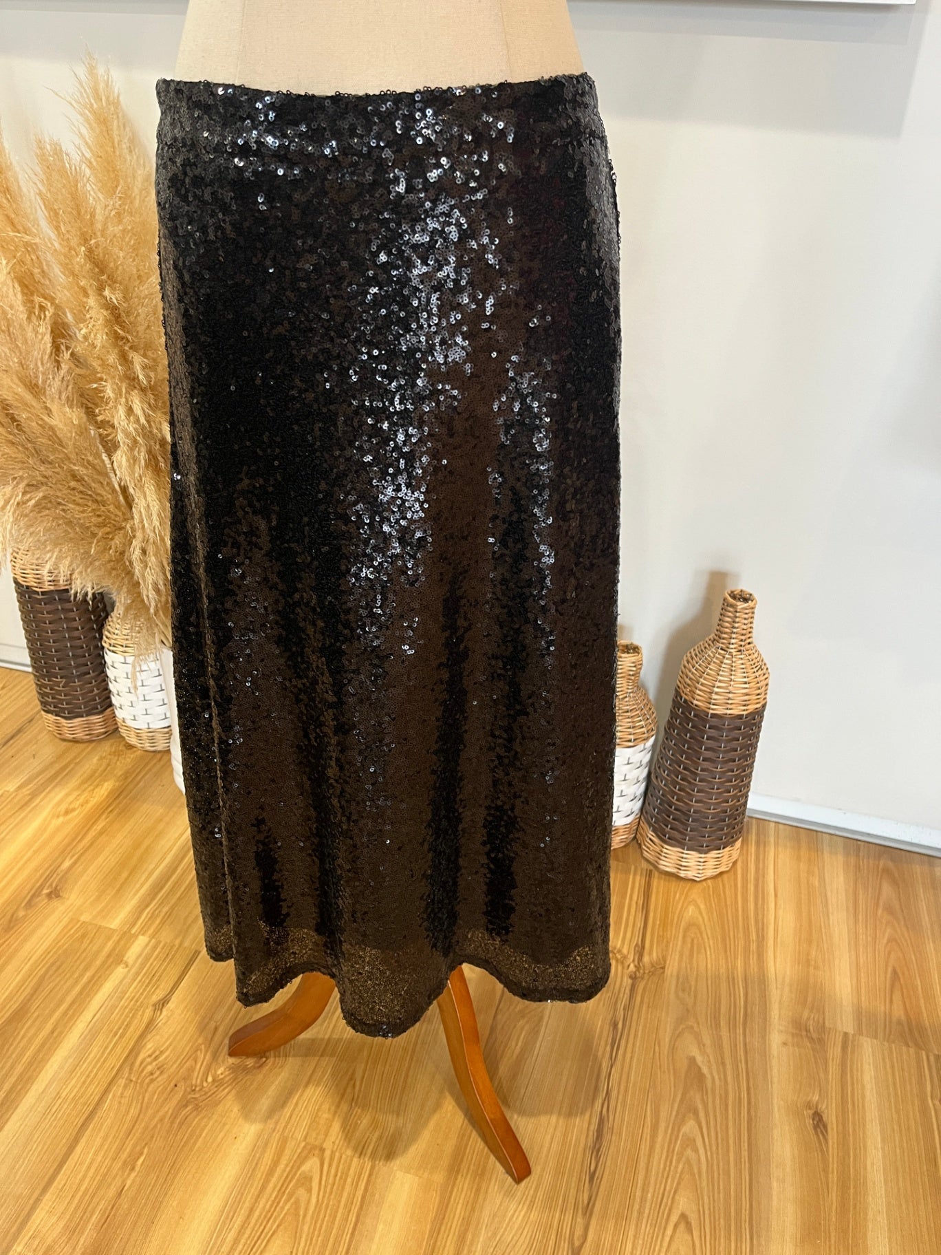 DECJUBA Black Sequin A-Line Skirt — Sparkle & Shine Size S