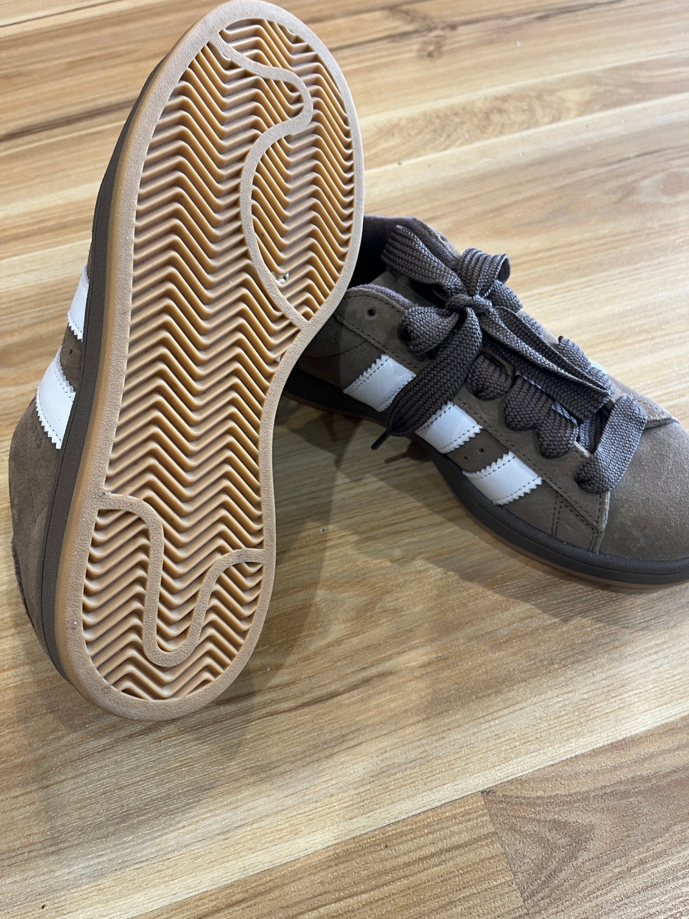 Adidas Brown & White Sneakers — Faux Suede, US Size 7
