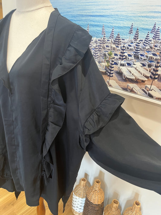 EB&IVE Black Blouse XXL | Long Sleeve Ruffle Detail | Tie-Neck Top