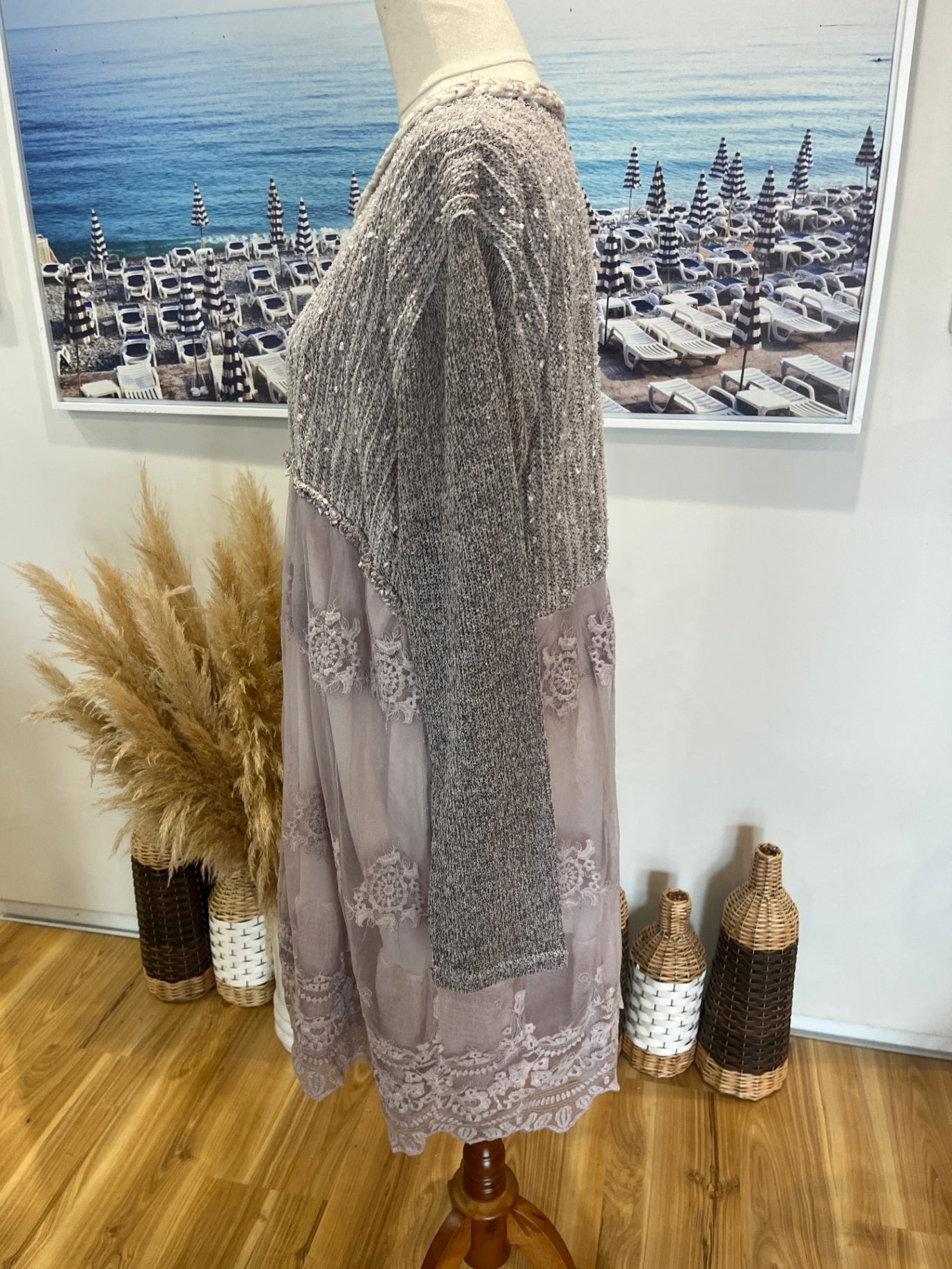 Simply Couture Pale Pink Knit Tunic Top with Lace Skirt – Lined, Long Sleeve, XXL