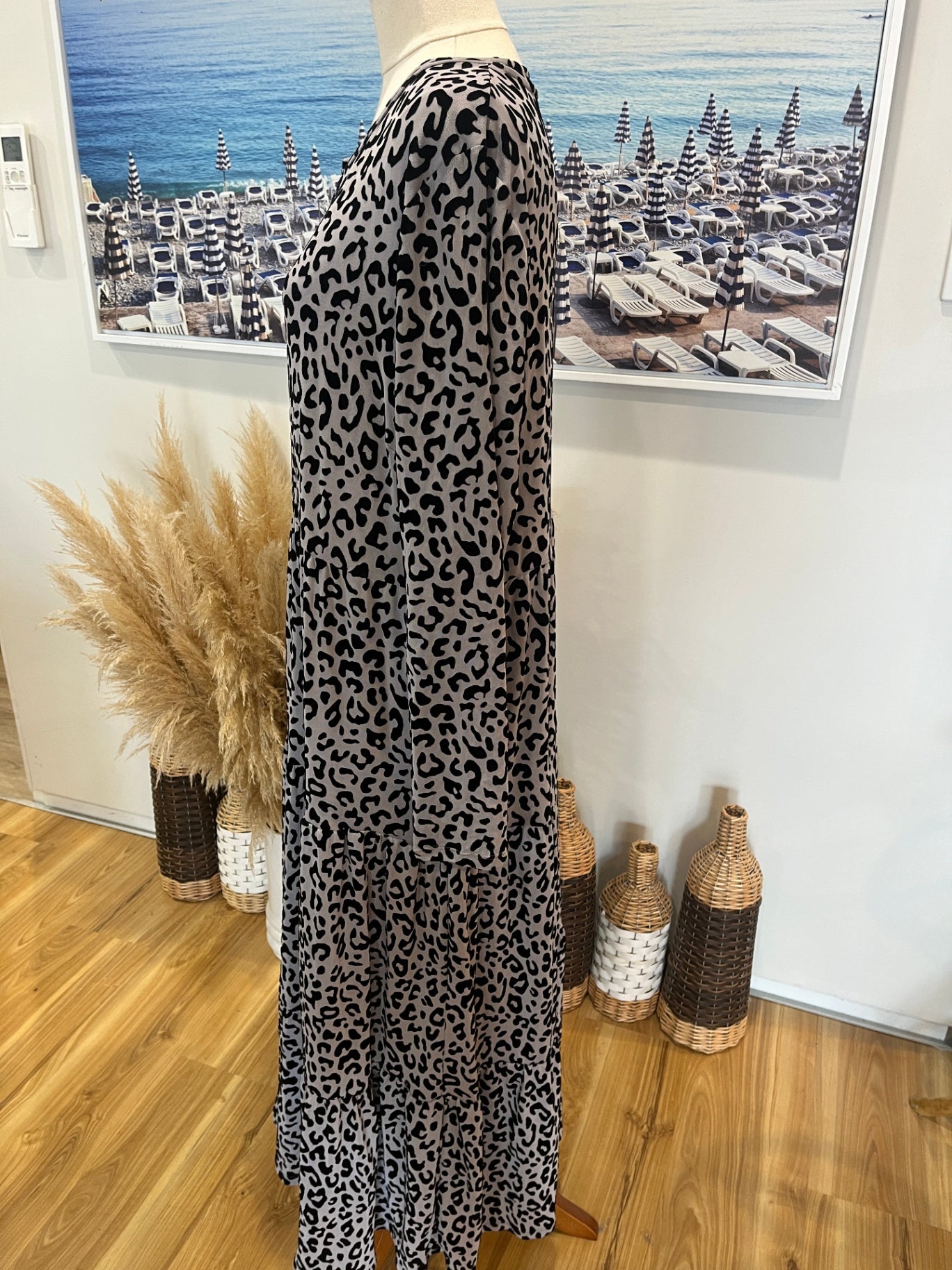 FOIL Black & Grey Animal Print Dress | Size Large | Long Sleeve Tiered Layered Style