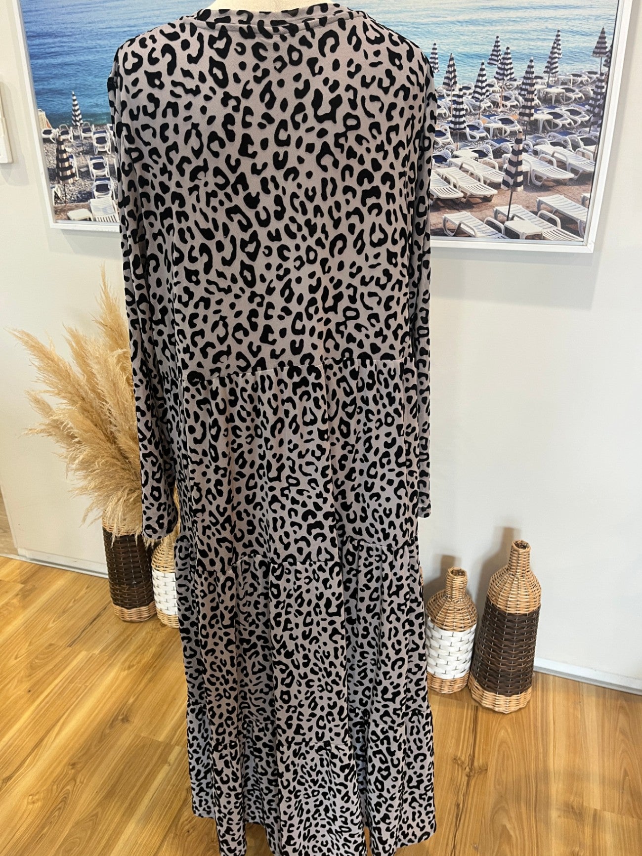 FOIL Black & Grey Animal Print Dress | Size Large | Long Sleeve Tiered Layered Style