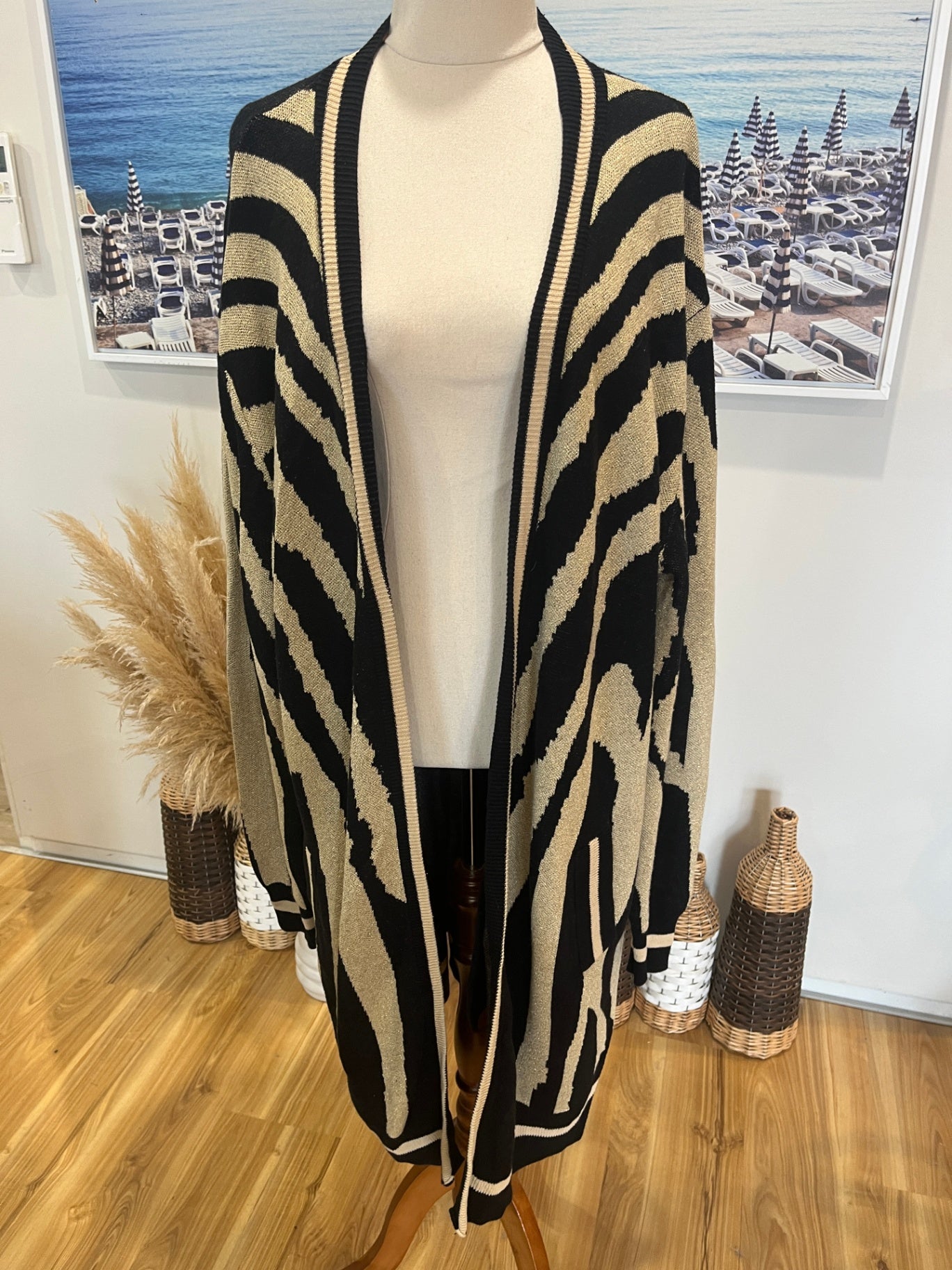 Augustine Longline Cardigan with Pockets – Black & Gold, Size Large