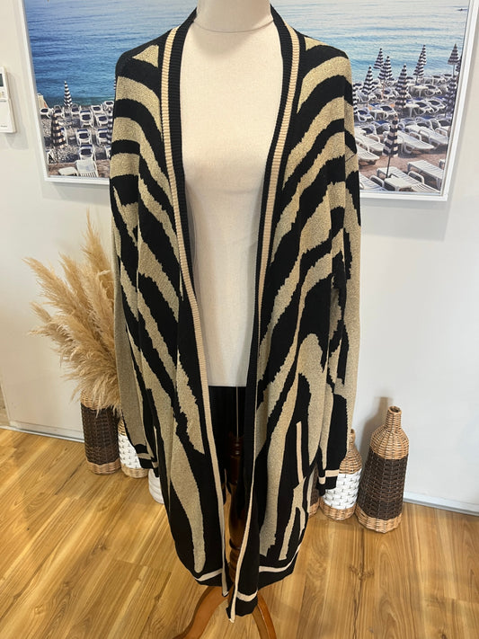 Augustine Longline Cardigan with Pockets – Black & Gold, Size Large