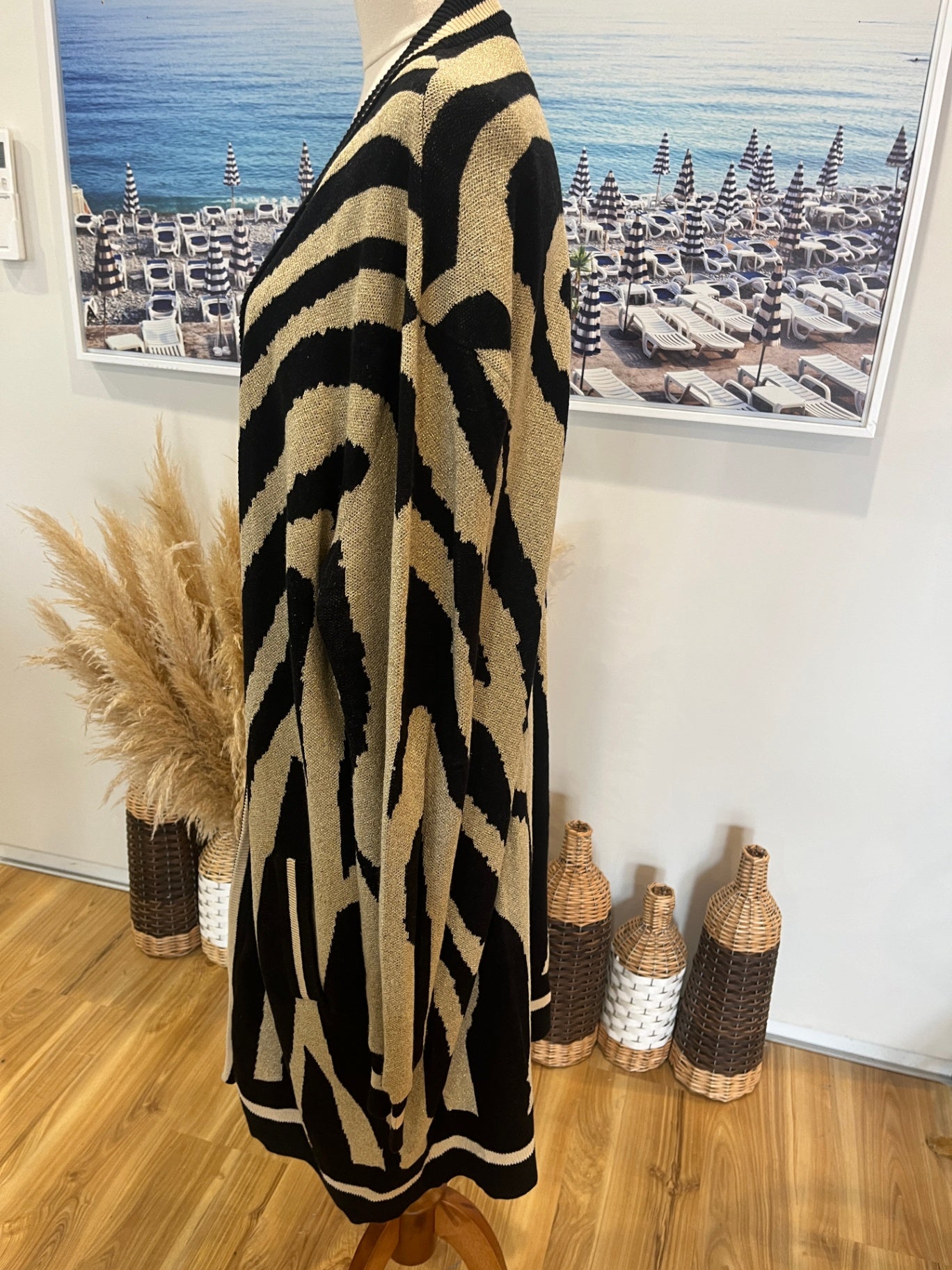 Augustine Longline Cardigan with Pockets – Black & Gold, Size Large