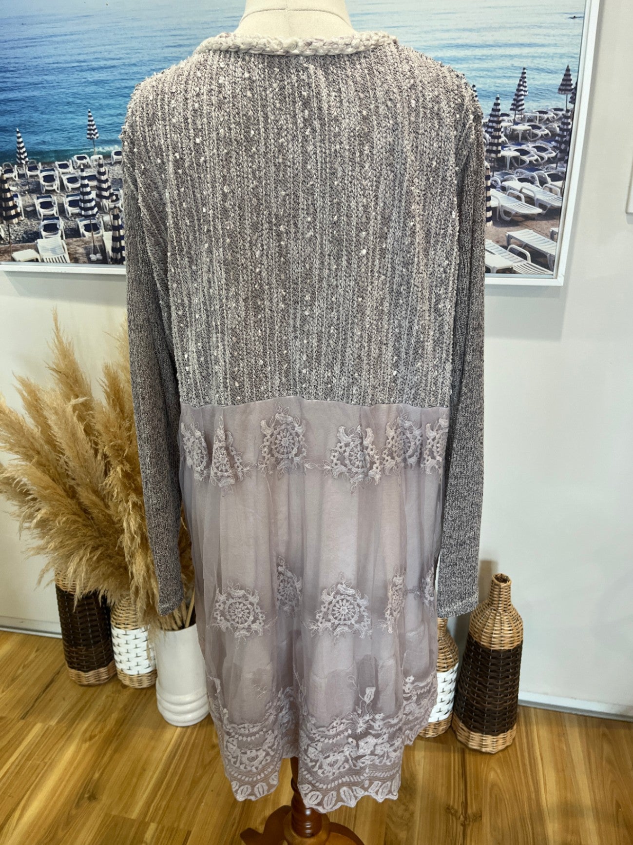 Simply Couture Pale Pink Knit Tunic Top with Lace Skirt – Lined, Long Sleeve, XXL