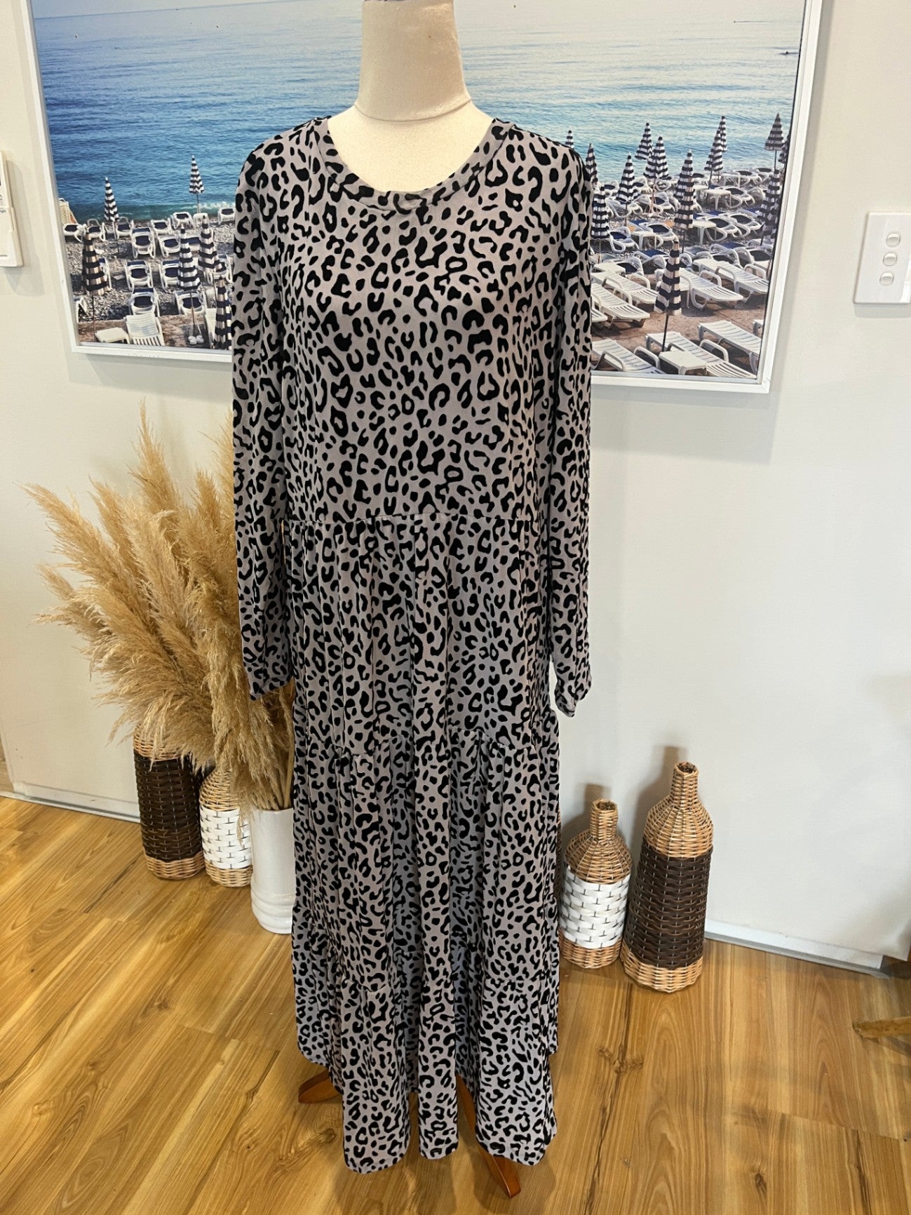 FOIL Black & Grey Animal Print Dress | Size Large | Long Sleeve Tiered Layered Style