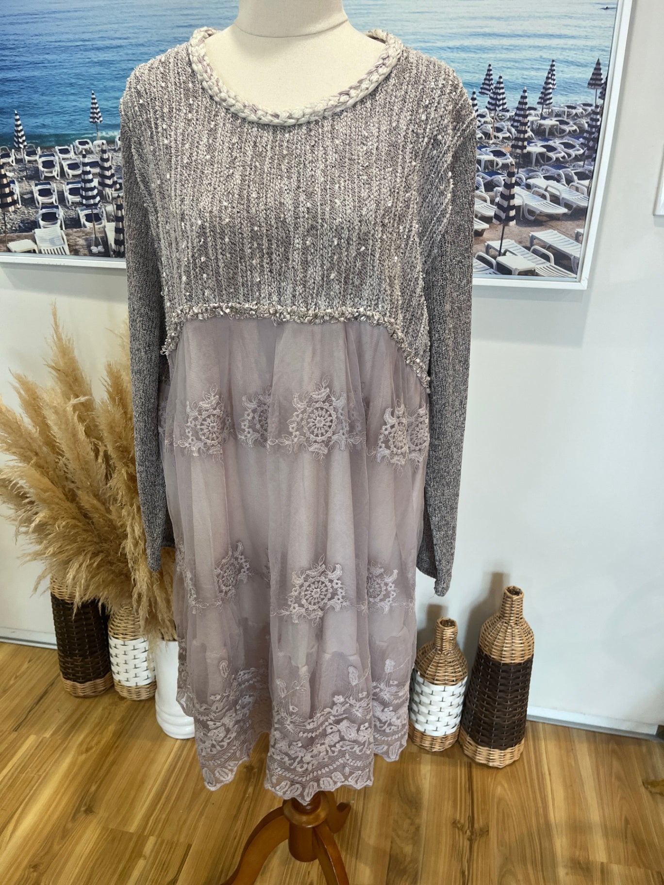 Simply Couture Pale Pink Knit Tunic Top with Lace Skirt – Lined, Long Sleeve, XXL