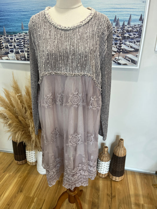 Simply Couture Pale Pink Knit Tunic Top with Lace Skirt – Lined, Long Sleeve, XXL